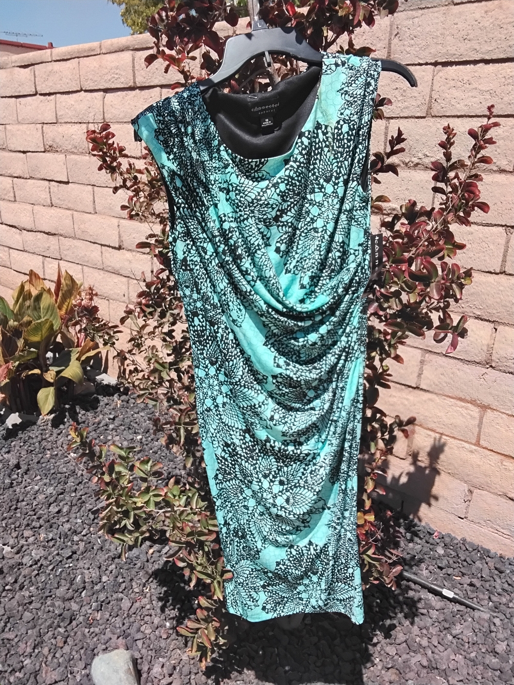 connected apparel Aqua and Black Floral Lace Print Drape Neck Dress NWT.